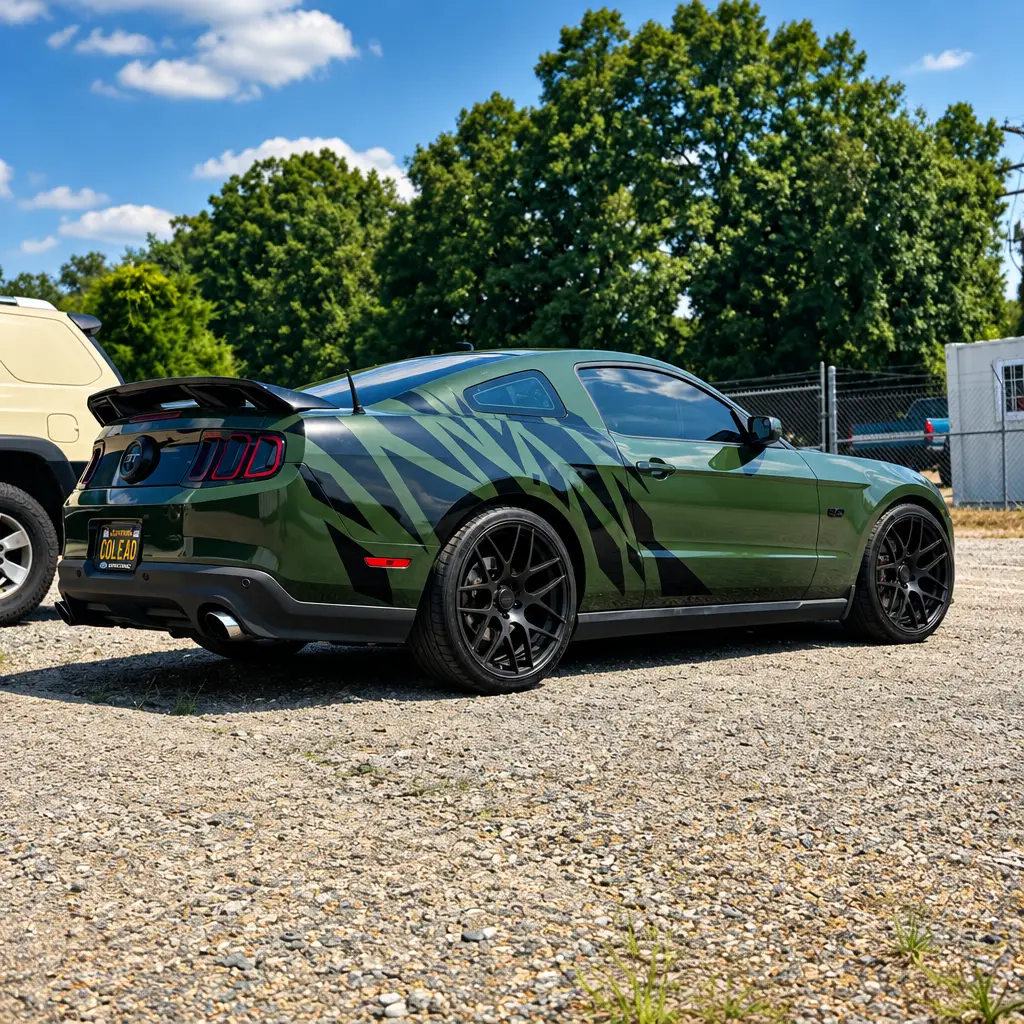 Full color change wrap on a Ford Mustang, matte olive green with a geometric graphic