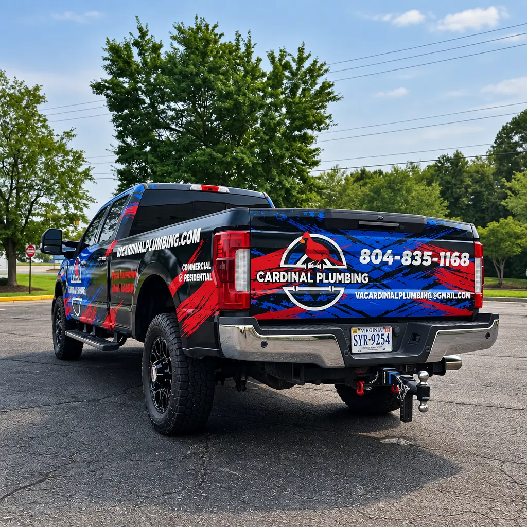 Cardinal Plumbing commercial fleet truck wrap, rear view