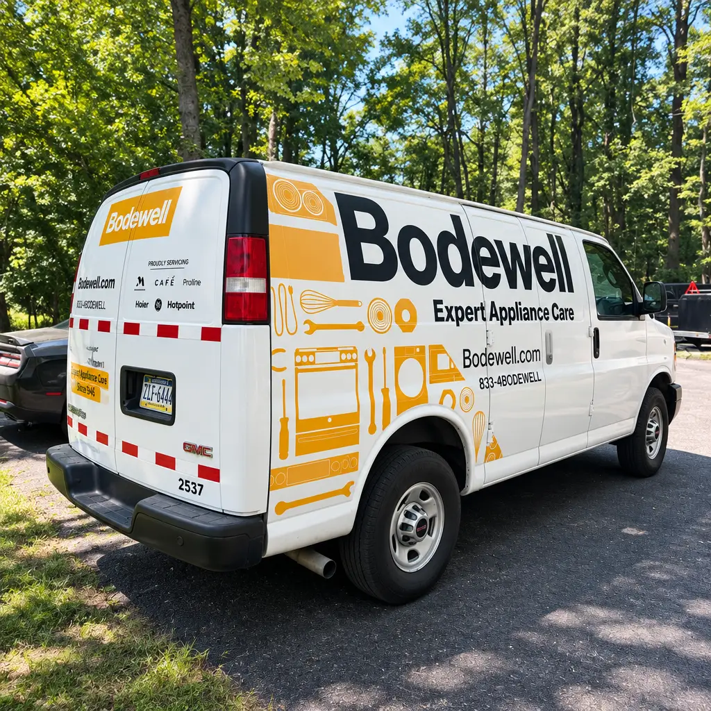 Commercial fleet truck wrap for Cardinal Plumbing, blue black and red